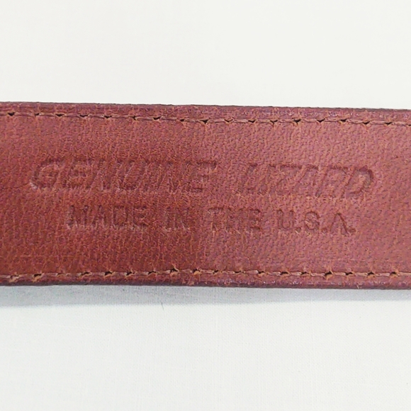 Vintage Mid-Century Modern Brown Lizard Belt with Wood & Bronze Inlay Buckle - Picture 6 of 8